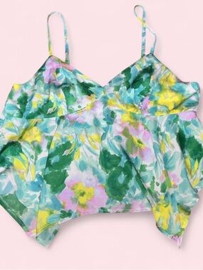 NWT Floral Watercolor Handkerchief Hem Fairycore Cami Top - Green, Yellow, Pink